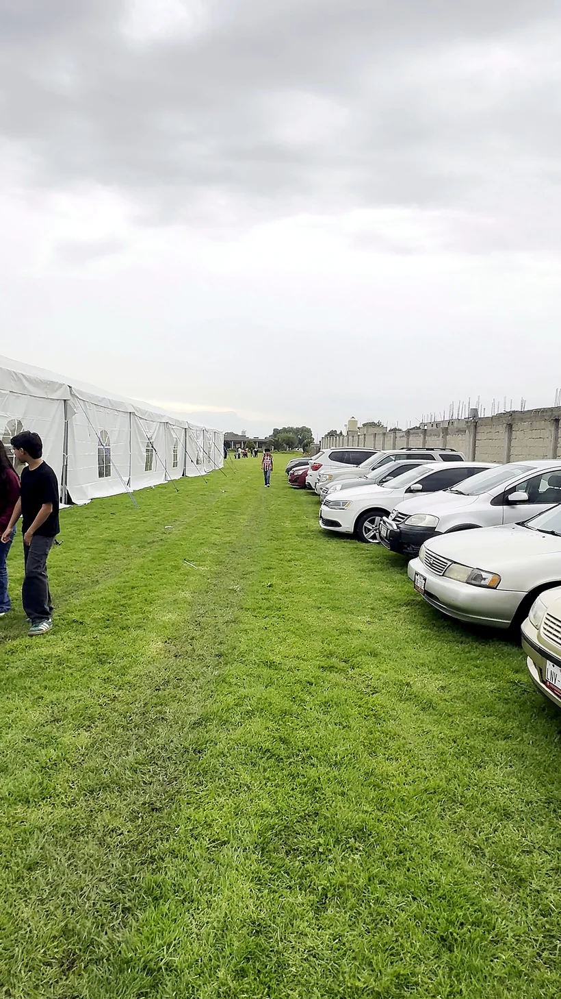 Autos estacionados en fila sobre el pasto del terreno