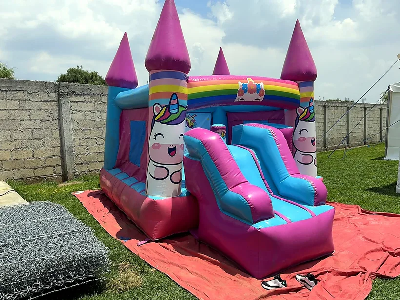 Castillo inflable montado sobre el pasto del jardín